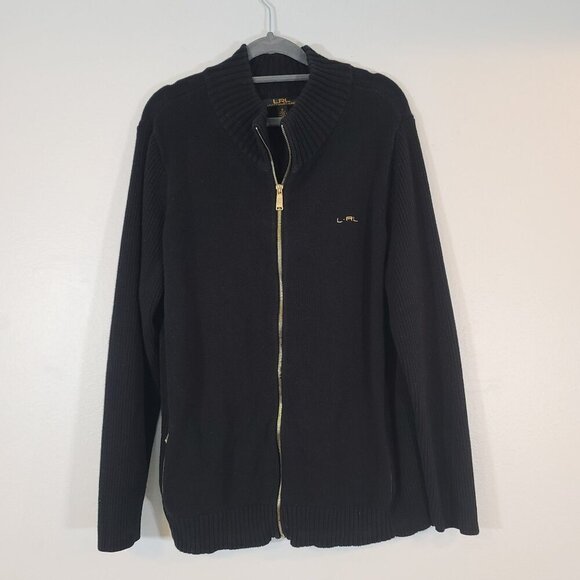 Lauren Ralph Lauren 100% Cotton Knit‎ Gold Zipper Front Cardigan Black Size 1X - Picture 1 of 7